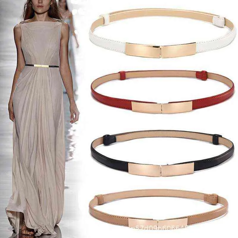 Voor riemjurk eenvoudige veelzijdige mode vrouwen lederen riem dunne magere metalen gouden elastische gesp tailleband riem jurk G220301