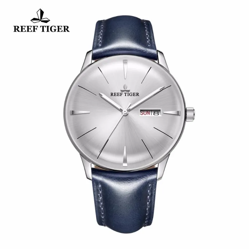 Wristwatches 2021 Rafa Tiger / RT Mens Sukienka Zegarki Convex Obiektyw White Dial Automatic Blue Leather Band RGA8238