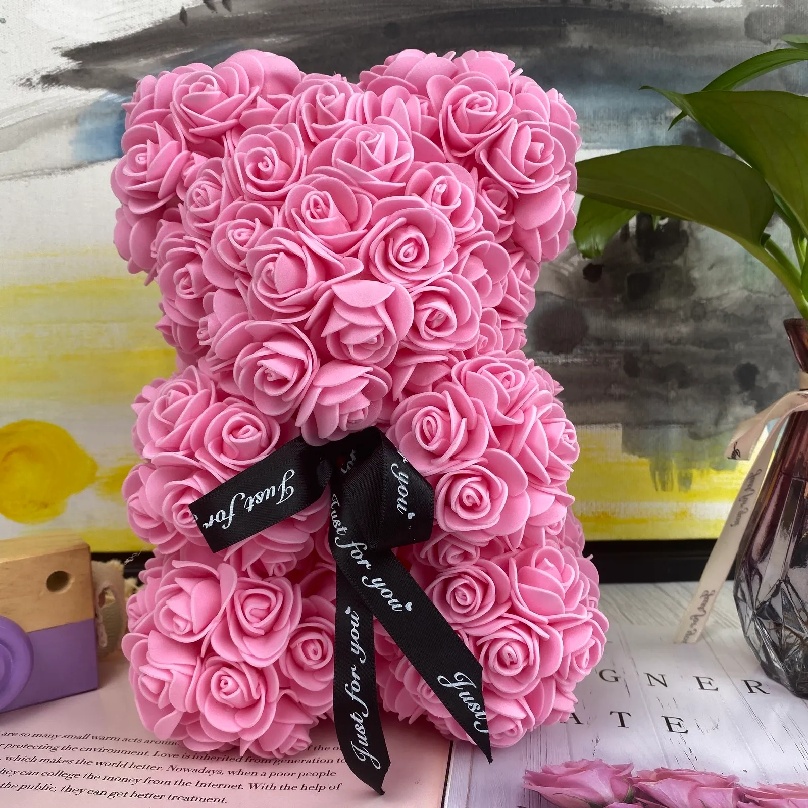 artificial flower 40cm rose bear