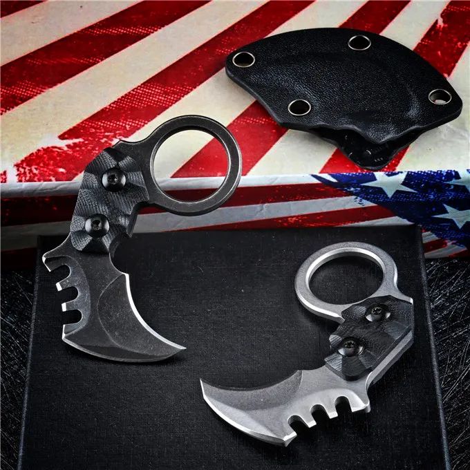 Promotion Mini Small Edc Pocket Fixed Blade Claw Knife Aus-8a Svart Sten Tvätt / Satin Blade Full Tang G10 Hantera Karambit