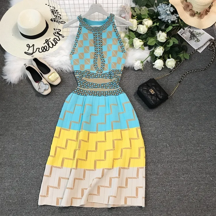 Amolapha Kadın Yaz Bohemian Stil Geometrik Desen Örme Plaj Elbiseleri Örgü Halter Kolsuz Uzun Elbise Vestidoes Y0118