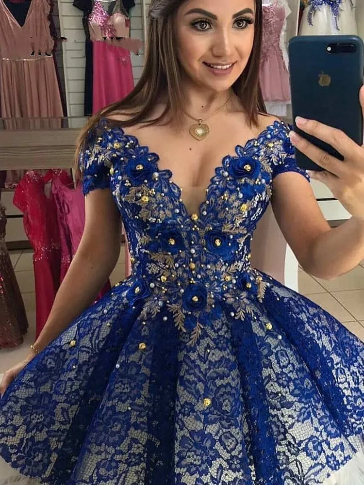 Royal Blue V-hals Korte Kant Prom Jurken 2021 Sexy Beaded Applicaties Formele Mini Partyjurk Bloemen Homecoming Toga