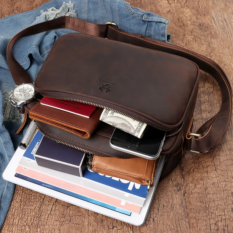 HUMERPAUL 100 Crazy Horse Leather Mens Crossbody Bags Vintage High