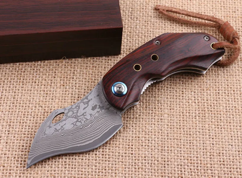 6.1 inch Damascus Pocket Folding Mes VG10 DAMASCUS STAAL DROP PUNT Blade Rosewood + Steel Sheet Handle EDC Messen met Geschenken Houten Doos