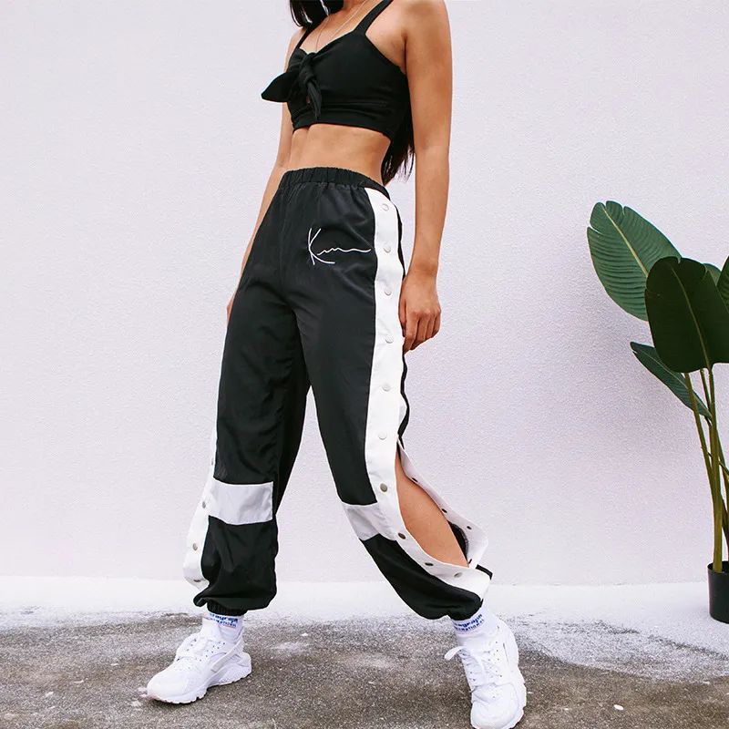 Houzhou Joggers 여성 바지 패션 패치 워크 스웨트 하렘 캐주얼 사이드 스플릿 버튼 패널 높은 허리 바지 Streetwear LJ201130