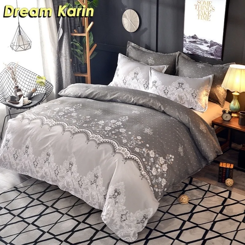Floral Lace Printed Luxury Bedding Set Nordic King Size Duvet Cover Set Single Double Queen Quilt Cover Sängkläder sängkläder 201114