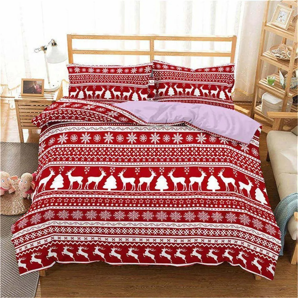 WONGS BEDDING Weihnachts-Bettwäsche-Set Queen Size – Festliche Steppdecke Mit Elch & Weihnachtsbaum-Motiv