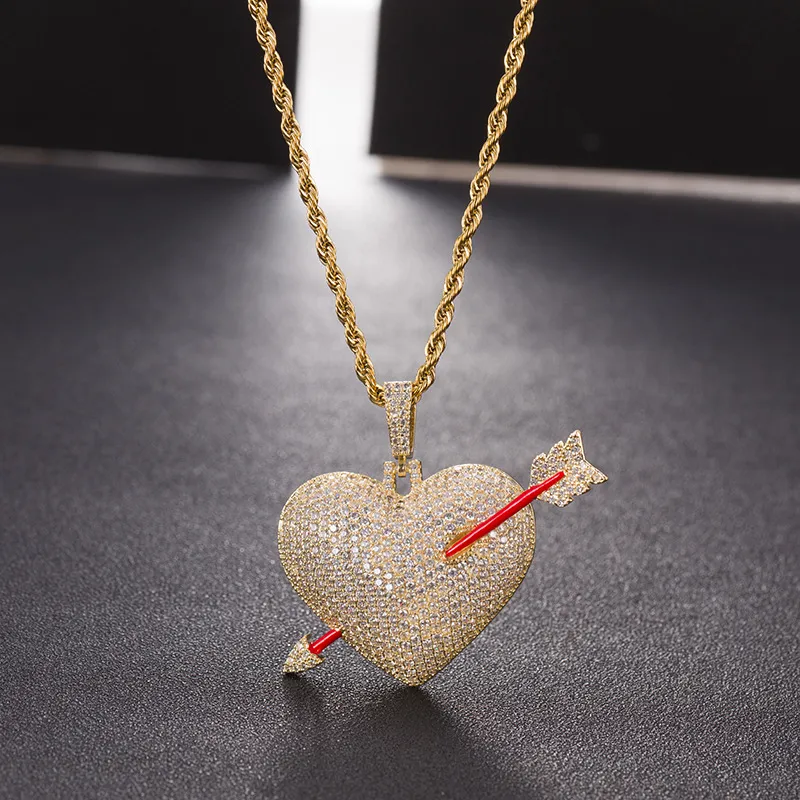 Iced Out Arrow Through Heart Necklace Pendant With Rope Chain Gold Color Bling Cubic Zircon Men Hip Hop Jewelry From 7 79 DHgate