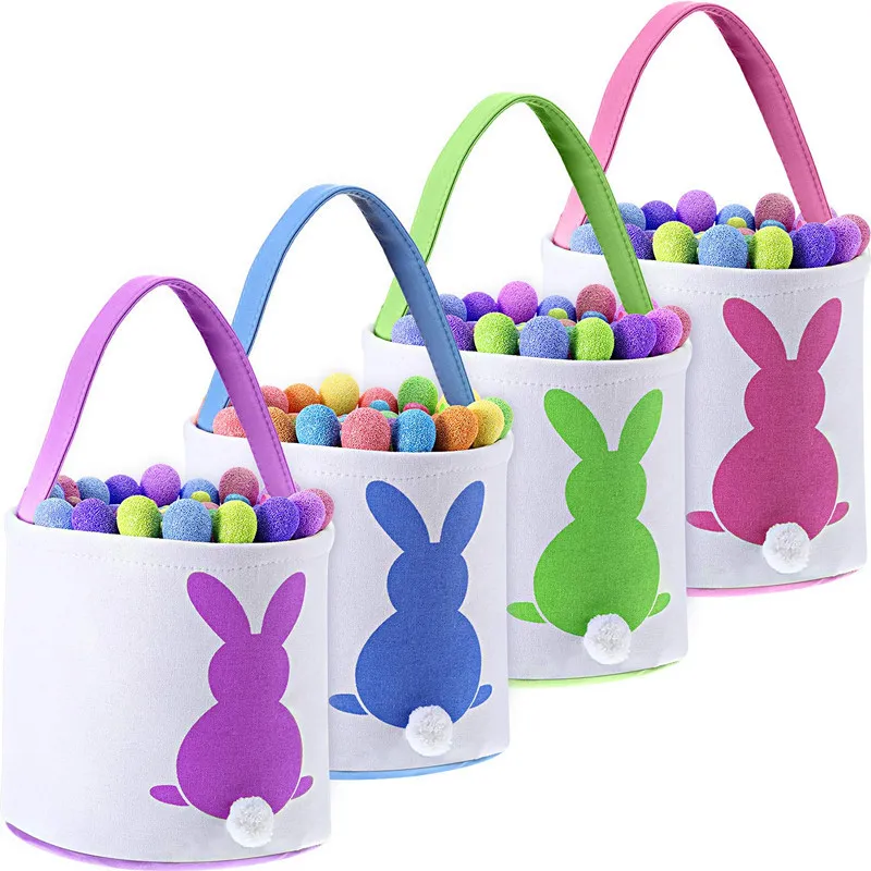 10 Styles Lovely Easter Bunny Bucket Festive Canvas Candy Eggs Basket With Rabbit Tail Kids Gifts Handbag Children Festival Decoration Party Supplie