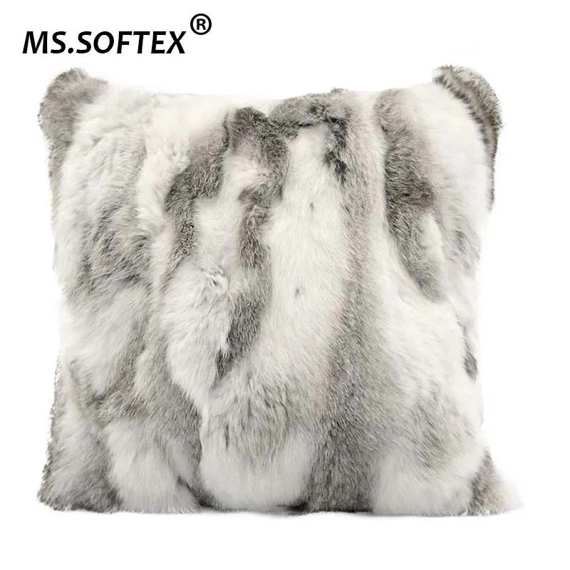 MS Softex – taie d'oreiller en fourrure naturelle, Patchwork, housse de coussin en vraie fourrure de lapin, en peluche douce, décoration de la maison, T2006012195
