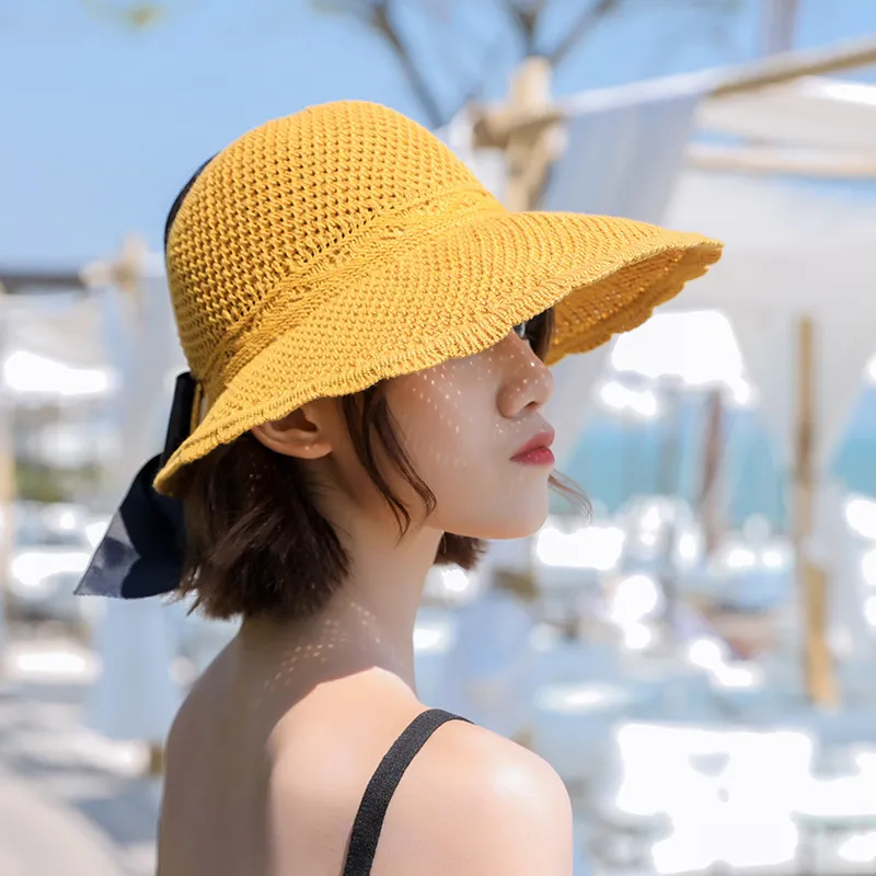 Foldable Wide Brim Straw Hat Sun Protection For Women With Bow