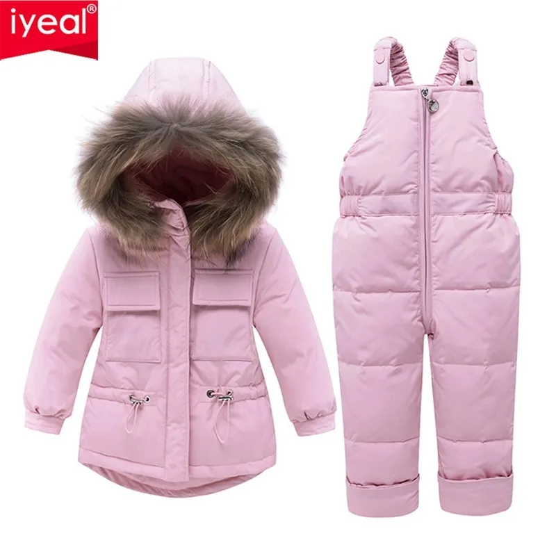 Iyeal bébé enfants fille vêtements ensembles Russie hiver véritable manteau à capuche en fourrure + salopette combinaison neige enfants costume de ski 1 2 3 4 ans 201102