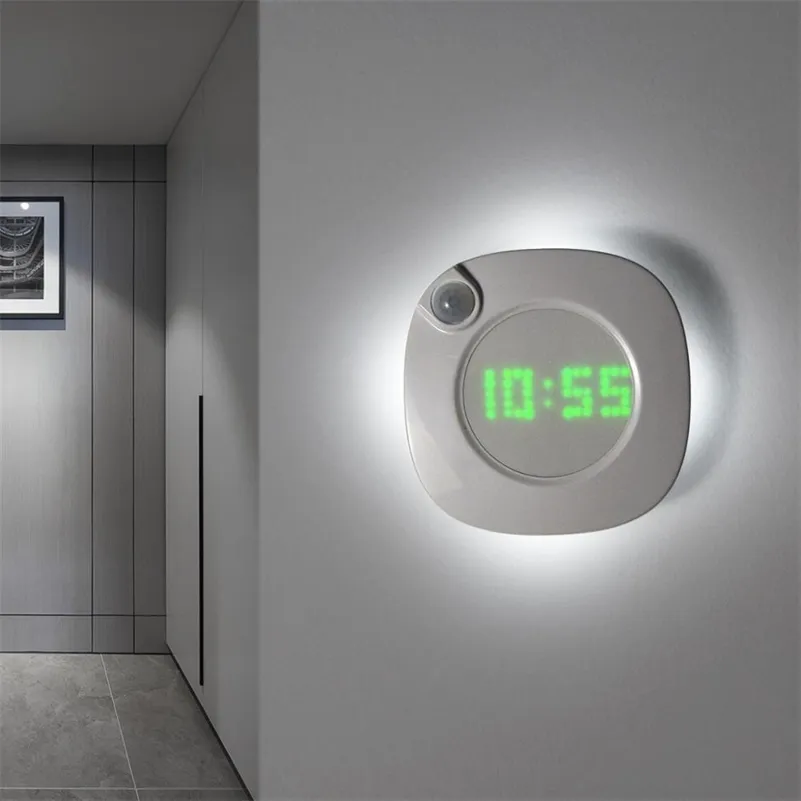 PIR Motion Sensor LED Night Light With Digital Time Wall Clock USB Uppladdningsbar LED Vägglampa för badrumsdekoration LJ201204