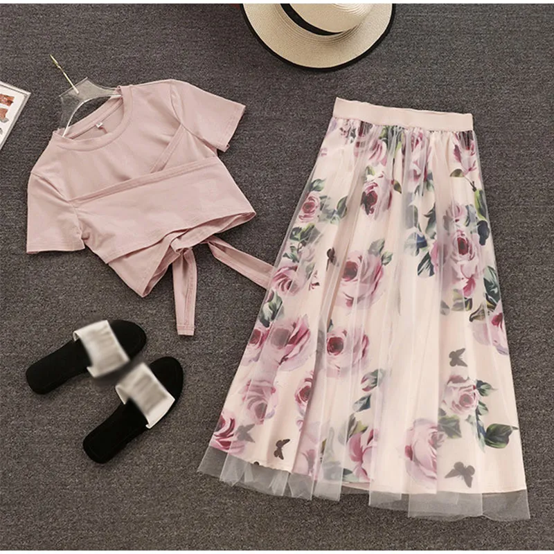 2021 Zomer meisje Tees tops vrouwelijke bloemen print vrouwen t-shirt mesh rok pakken strik vintage tweedelige sets elegante vrouw rok