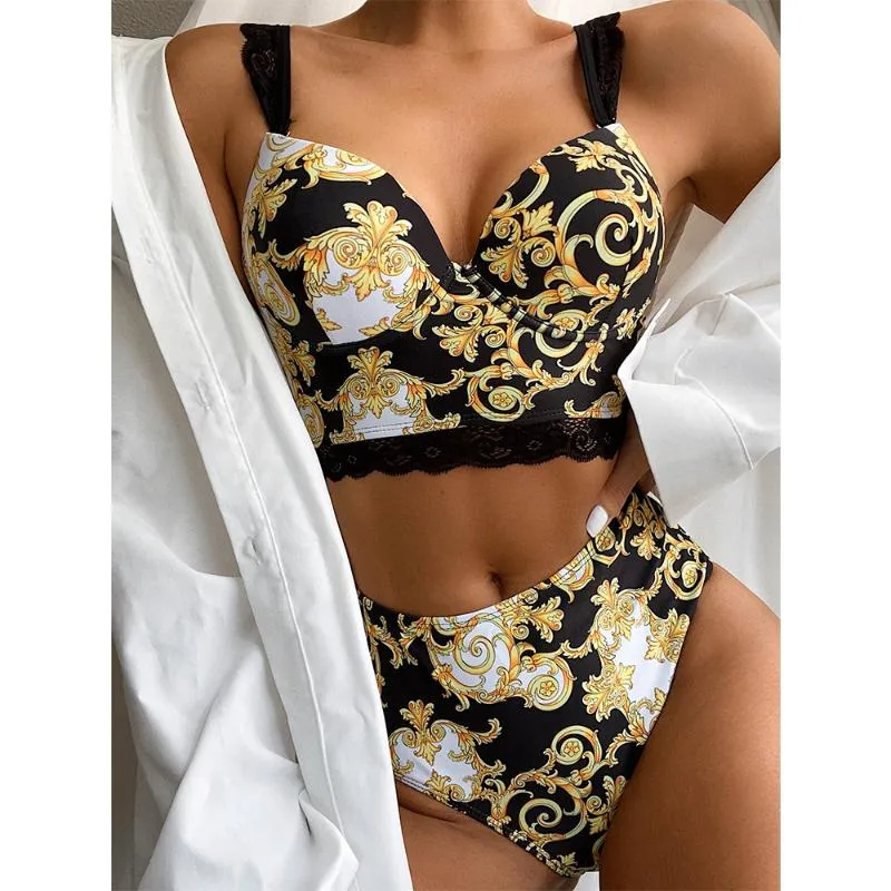 Kobiety Strój Kąpielowy W Stylu Vintage Retro Bikini Set Push Up Stroje Kąpielowe Bikini Wysokiej Talii Drukowane Kostiumy Kąpielowe Summer Beach Nosić Strój Kąpielowy