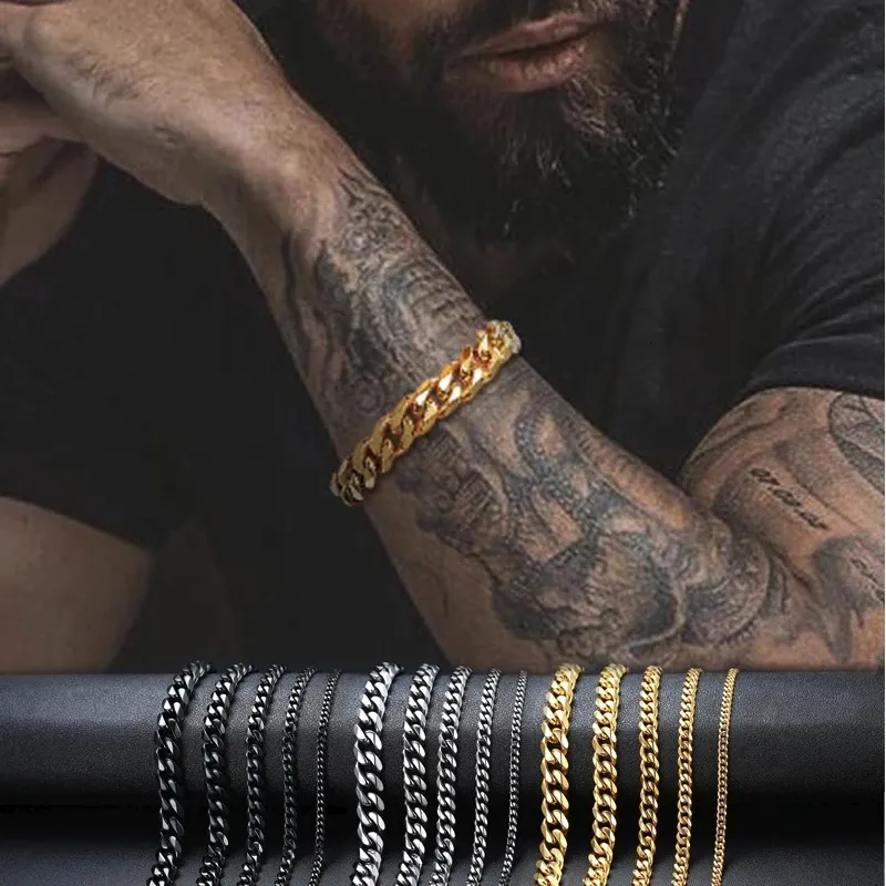 3mm-11mm Mens 14K Vergulde Armband Vrouwen Cubaanse Schakelkettingen Rvs Curb Zilver Zwart kleur Pols Armbanden