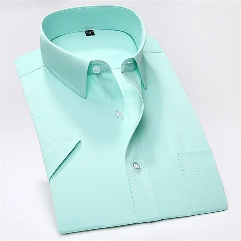 Summer Business Work Shirt Square Collar Kort ärm Plus Size S till 7xl Solid Twill Rands Formal Men Dress Shirts No Fade 220216