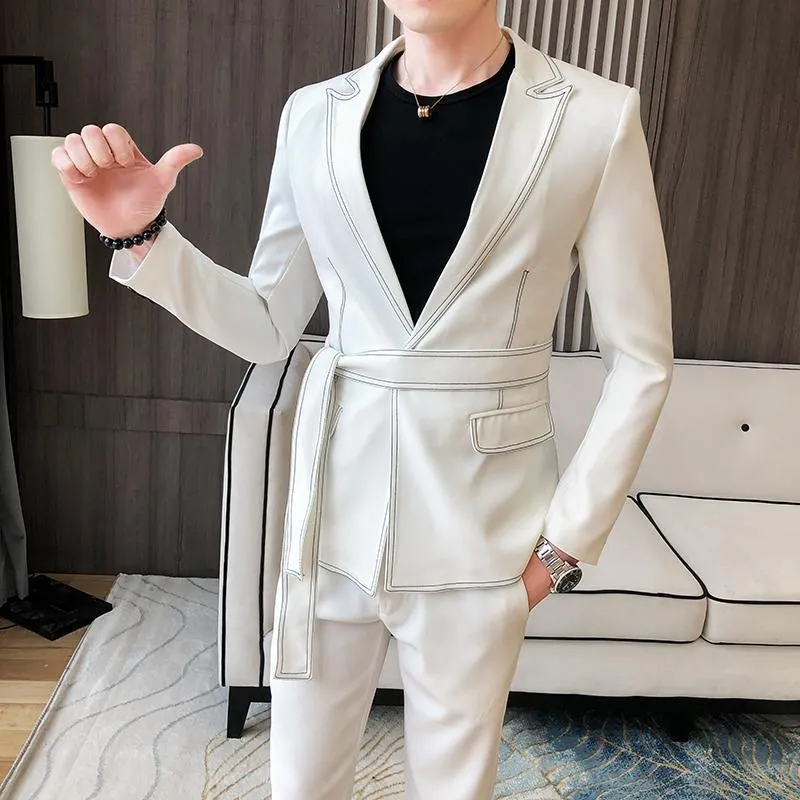 2021 Spring New Suit Men Single Button Mens Slim Fit Suits with Pant Casual Stage Wedding Dress Belt Prom Tuxedo Costume Homme