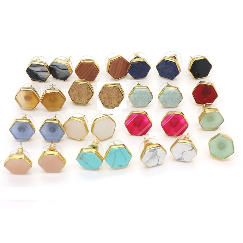 Hit Hexagon 다양 한 색상 크리스탈 스터드 귀걸이 핑크 Drusy Turquoise Lazuli Reiki Stone Earrings 여성용 귀걸이