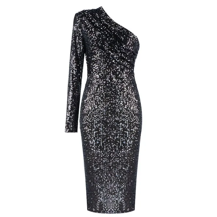 Shiny One Shoulder Sequined Cocktail Dress with Long Sleeves - Perfect for special occasions at an Affordable Price Shiny One Shoulder Sequined Cocktail Dress with Long Sleeves - Perfect for special occasions at an Affordable Price