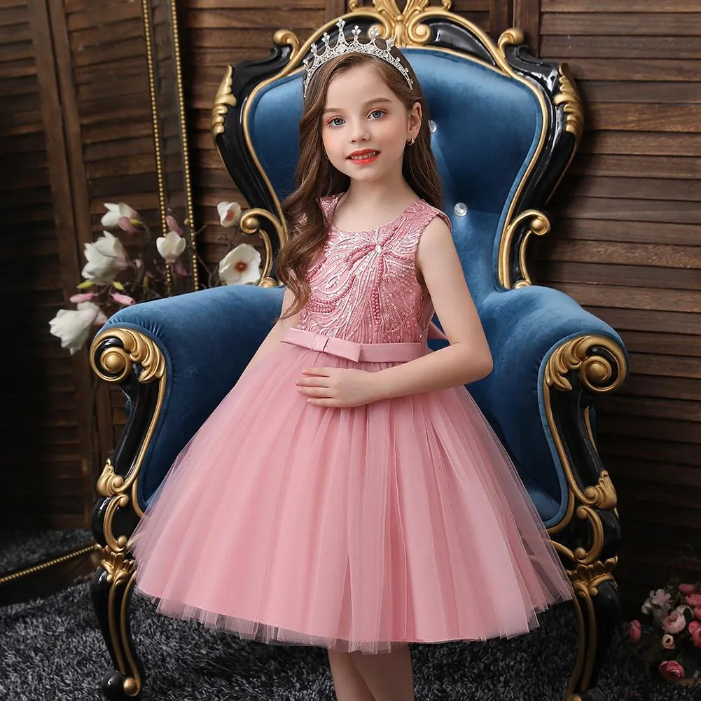 Bebê bonito banquet princesa roupas para criança 0-6 anos novo estilo novo frisado flor menina vestido para festa infantil