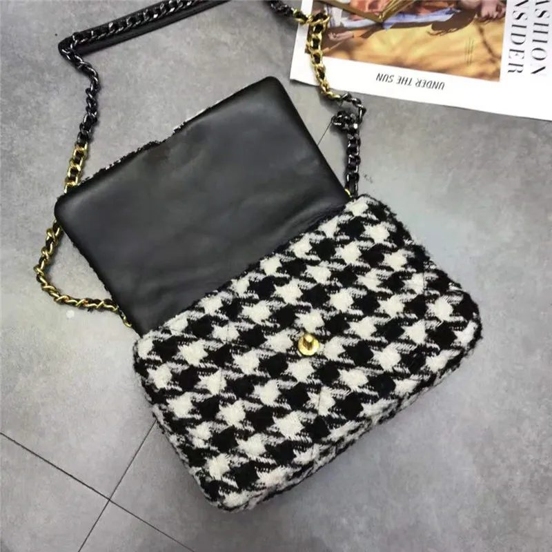 1#Black&White Houndstooth Pattern Cross Body Bags Criss-Cross Hasp Buckle Shoulder Bag Chains Leather Messenger Bag Warm Flap Purse Wallets