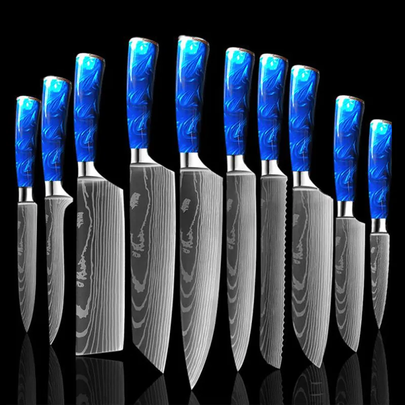 Conjunto de faca de cozinha 10 peças chef faca profissional japonês 7cr17 laser de aço inoxidável damasco faca afiada santoku blue resin handl