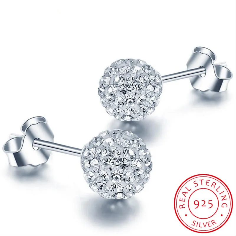 Boucles d'oreilles en boule de cristal de haute qualité en argent sterling 925 avec strass et bijoux en perles 10 mm 8 mm 6 mm pour femme