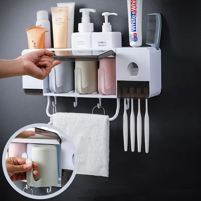 Porte-brosse à dents mural automatique avec tasses Dentifrice Squeezer Distributeur de rangement Boîte de rangement Accessoires de salle de bain Set LJ201204