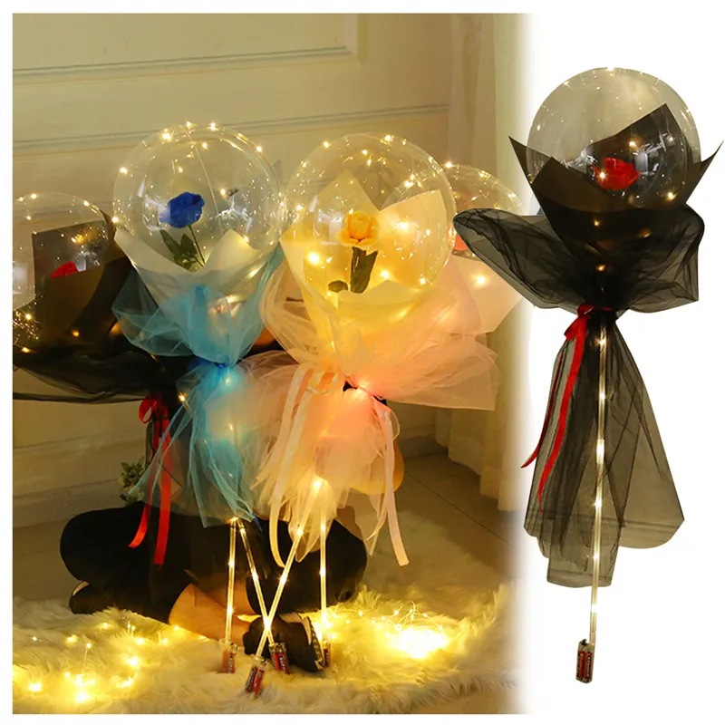 LED Luminous Balloon Rose Bouquet Transparent Bobo Ball Rose Valentines ...
