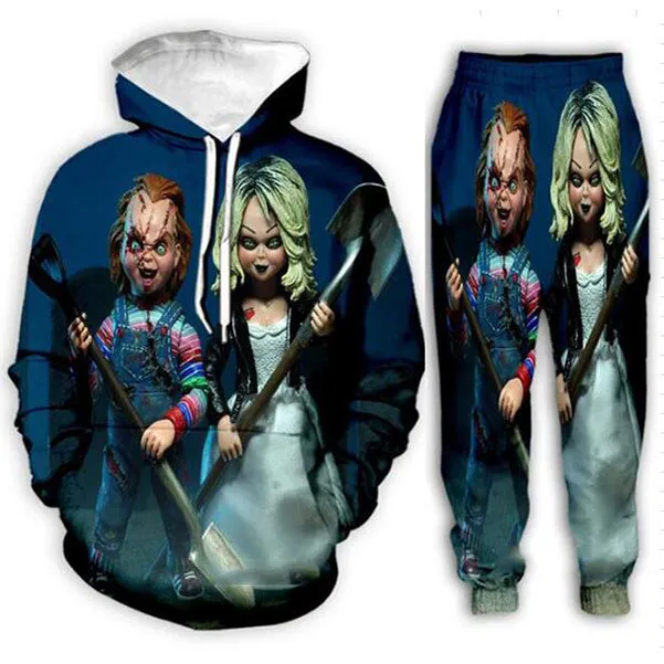 Commercio all'ingrosso - Nuovi uomini / donne di moda film horror Chucky Felpa Jogging Divertente stampa 3D Felpe con cappuccio unisex + pantaloni J030