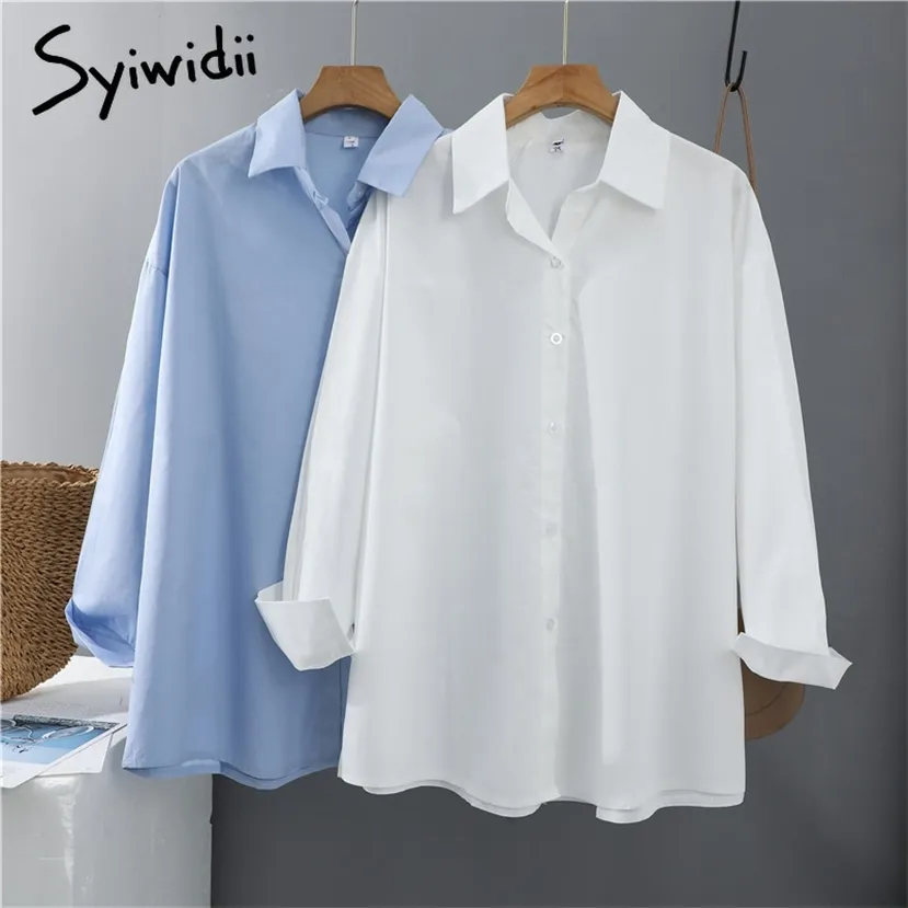 Syiwidii Women Blouses Office Lady Cotton Oversize Plus Size Tops Pink White Blue Long Sleeve Spring Korean Fashion Shirts 220119