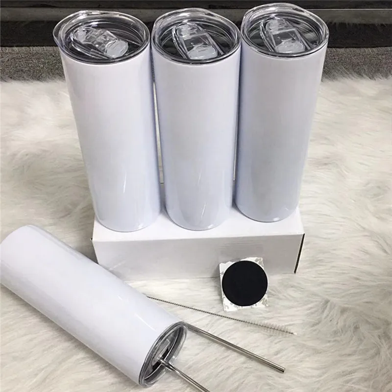 20oz Blank Sublimation Stainless Steel Skinny Tumbler Personalized Straight Cup With Metal Straws Straw Brush And Rubbers Thermos Water Mugs