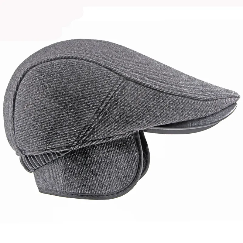 Homme Béret Chapeau Casquette Plate Automne Hiver Chaud Laine Gris