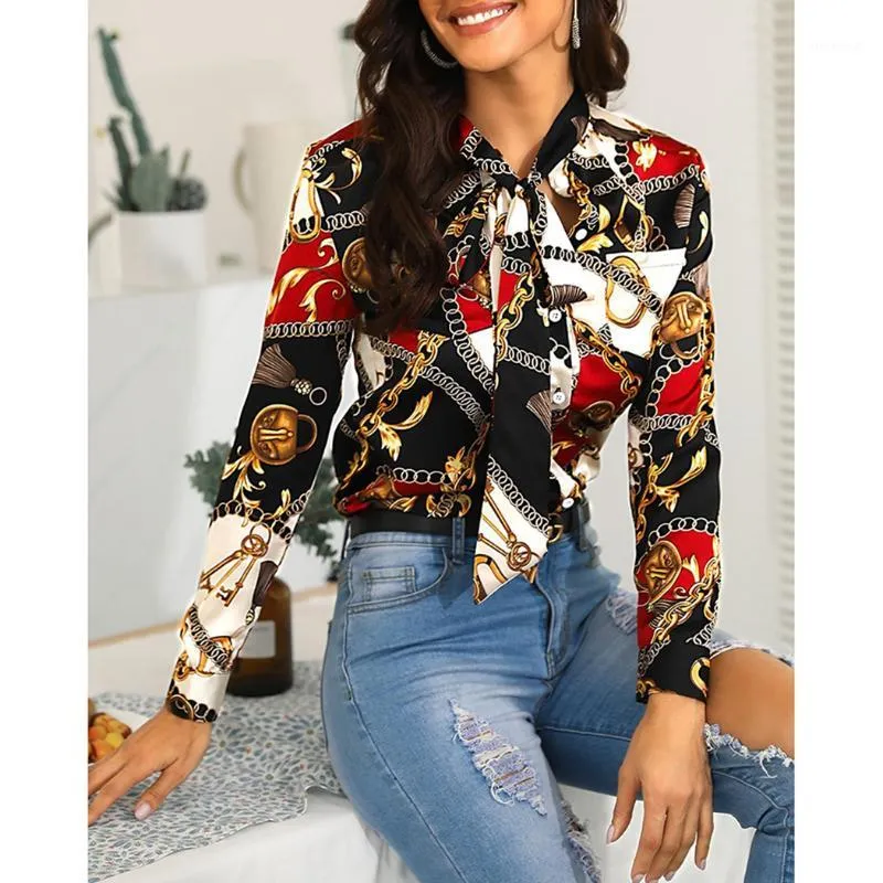 2019 stile ufficio signore catena di stampa camicette autunno manica lunga chiffon camicetta donne pizzo up bow pulsanti camicia top Blusas1