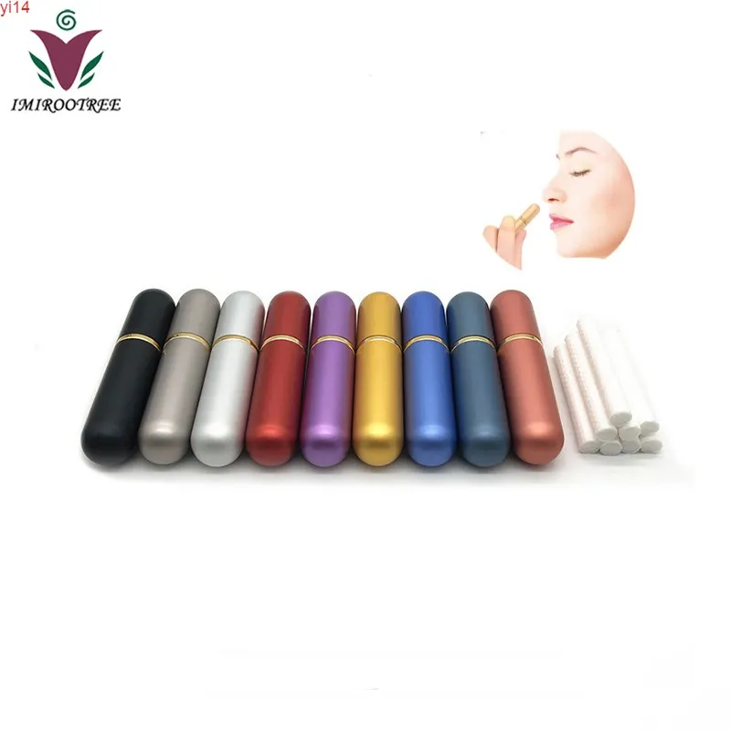 9 färger eterisk olja aromaterapi blank nasal inhalator metall aluminium glasbehållare med högkvalitativ bomull wicksgood qualtity