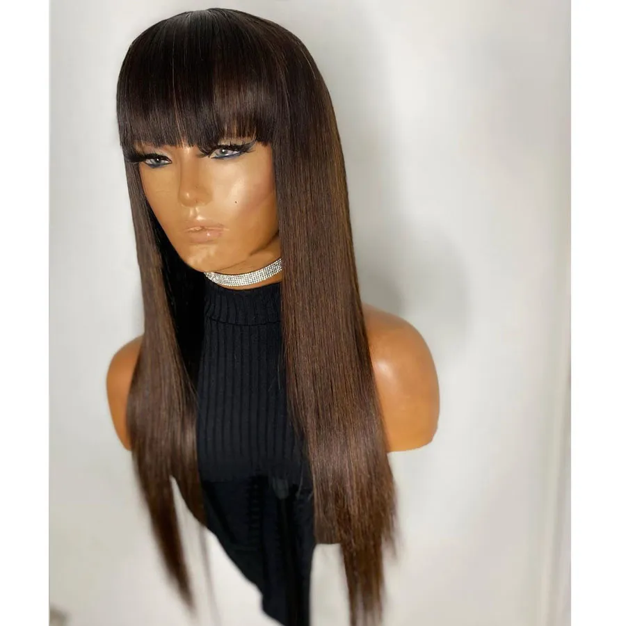 Mongolian Silky Straight Ombre Laces Front Human Hair Wigs with Bangs 180Density Chocolate Brown Glueless Full Lace Wig Fringe 360 frontal