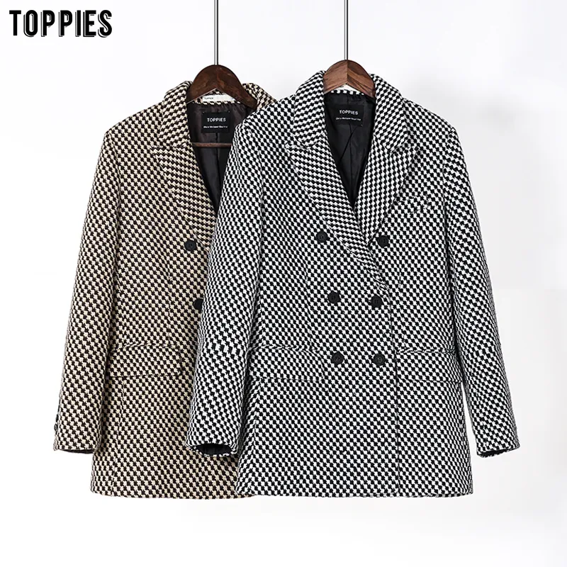 Toppies vintage pied de poule veste en laine double boutonnage long manteau femmes outwear vêtements d'hiver 201027