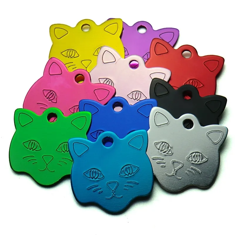 Atacado 100 pcs Cat Face Forma personalizada Dog ID Tags Pet Nome Tag Custom Gravado Cat Cat Personalizado Nome Phone Não. ID Tag 210201.