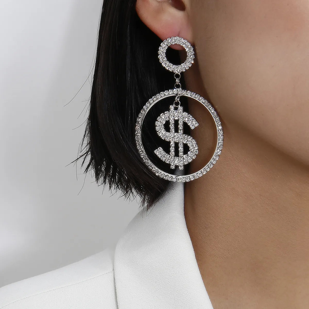 1 Paire Strass Dollar Argent Monnaie Boucles D'oreilles Charme Cristal Signe Argent Boucles D'oreilles Ins Riche Symbole Drôle Boucle D'oreille pour Femmes Filles Bijoux