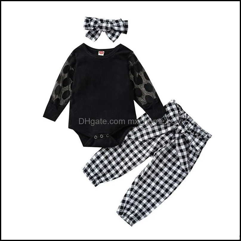 kids Clothing Sets girls lattice outfits infant Lace sleeve Romper Tops+Plaid pants+Headband 3pcs/set Spring Autumn fashion Boutique baby clothes