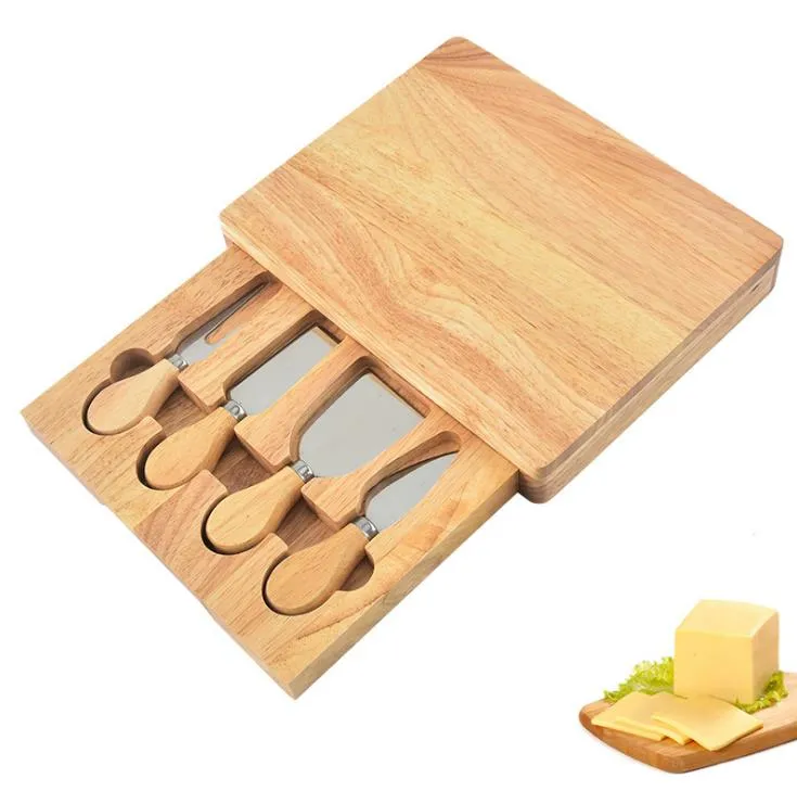 Rectangle Shape Rubber Wood Box With Cheese Set,Cheese Set With Cutting
