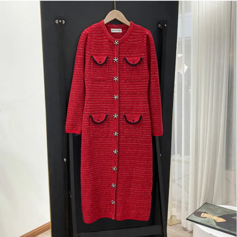 2021 Spring Long Sleeve Round Neck Red Contrast Color Knitted Panelled Pockets Single-Breasted Dress Elegant Casual Dresses XJ055454