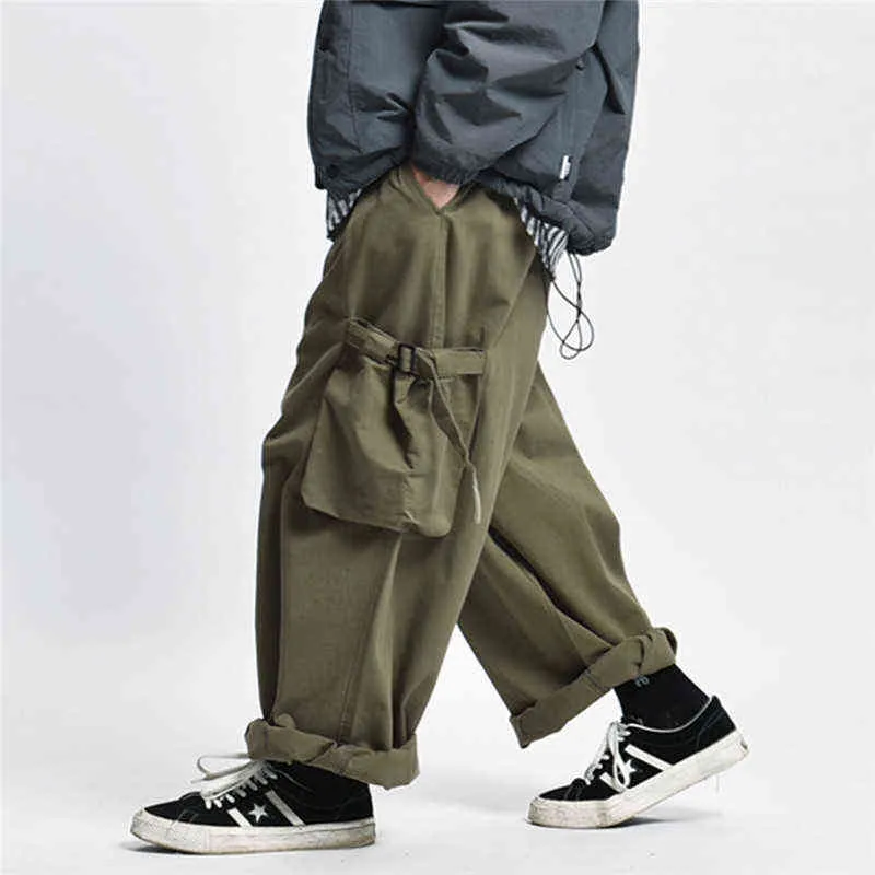 Multi Pocket Cargo Pants Mens Arbetsbyxor Safari Style Casual Wide Benbyxor Män Solid Color Baggy Byxor H1223