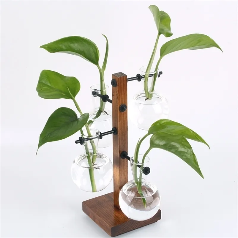 Glass terrarium Planter Bulb Vase archaistic Wooden propagation station Stand Metal Swivel Holder for Air Plants 4 bulb vase LJ201208