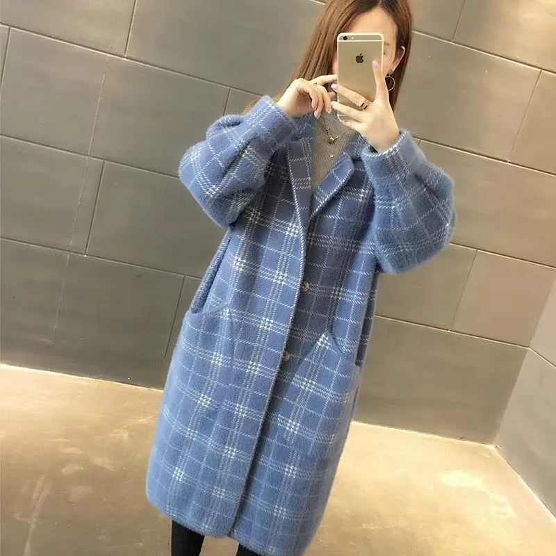 Leioouna lång lös V-ringning Faux Mink Fur Casual Winter Fashion Wool Coat Women Plaid Woolen Kvinnlig överrock Manteau Femme 201102