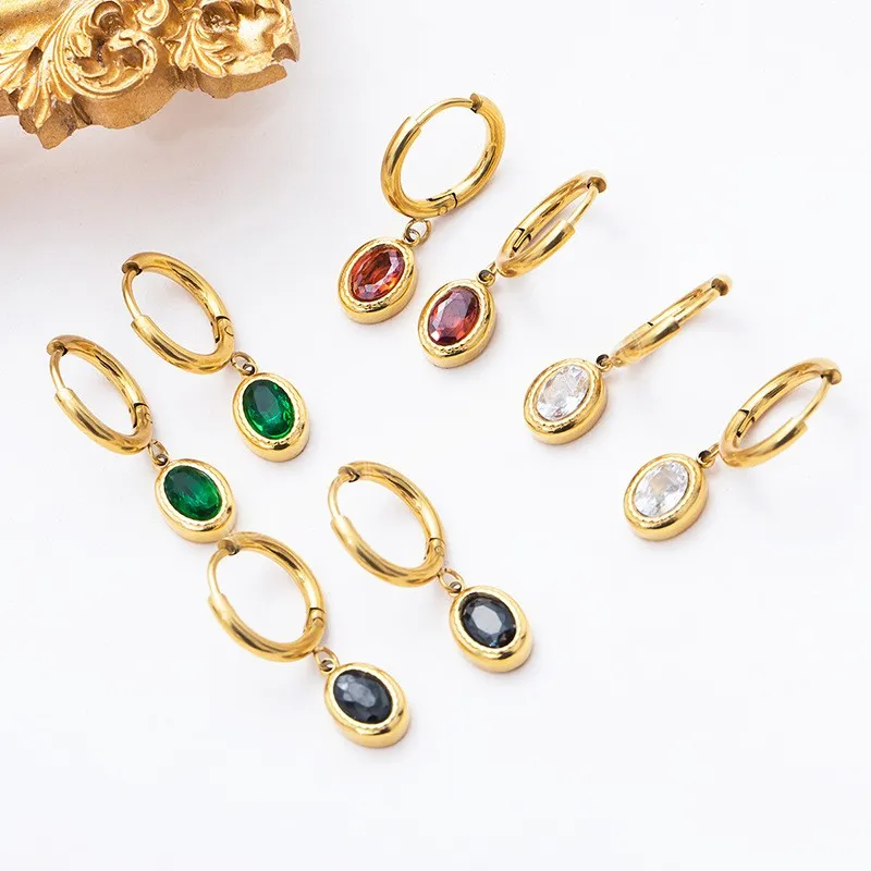 여성을위한 간단한 디자인 여러 가지 빛깔의 라인 석 후프 귀걸이 패션 기하학적 타원 스테인레스 스틸 도금 14K 금 귀걸이