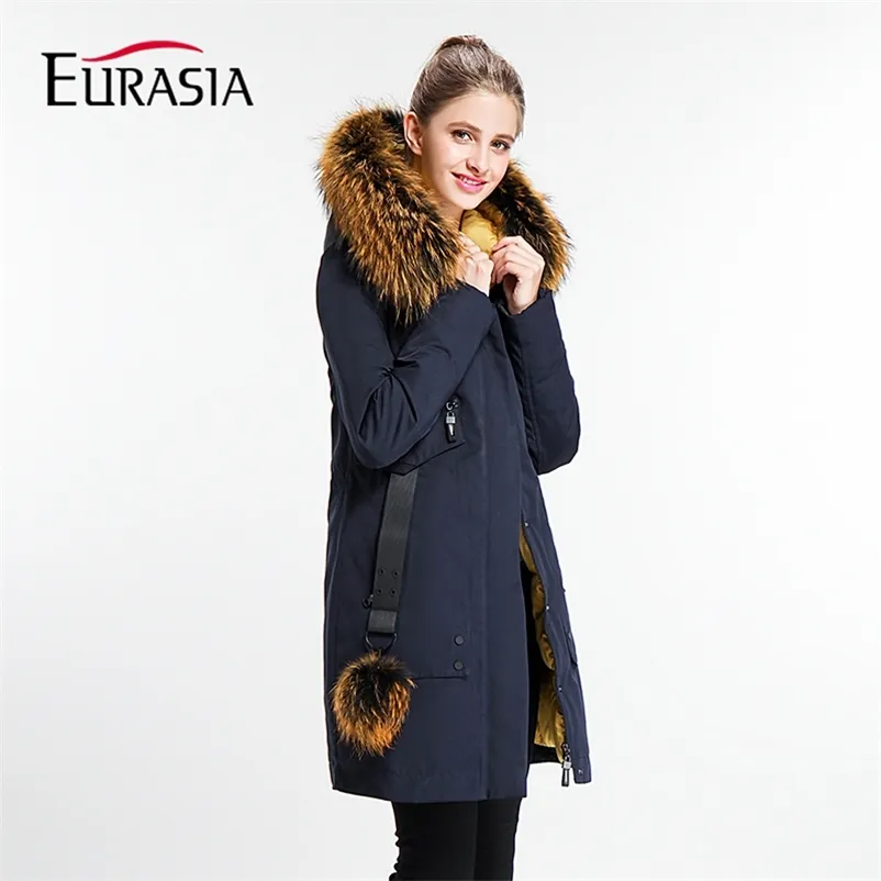 EURASIA Nueva marca Mujer Abrigo Largo Señora Invierno Parkas Estilo Chaqueta Real Cuello de piel Capucha gruesa Ropa exterior completa Cálido Y170022 201214