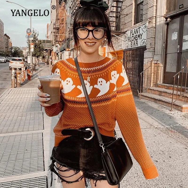 Yangelo Gothic Ghost Pattern Sweater Kvinnor Sticka Top Loose Långärmad Varm Varm Höst Vinter Streetwear Fashion Girl Pullover 201023