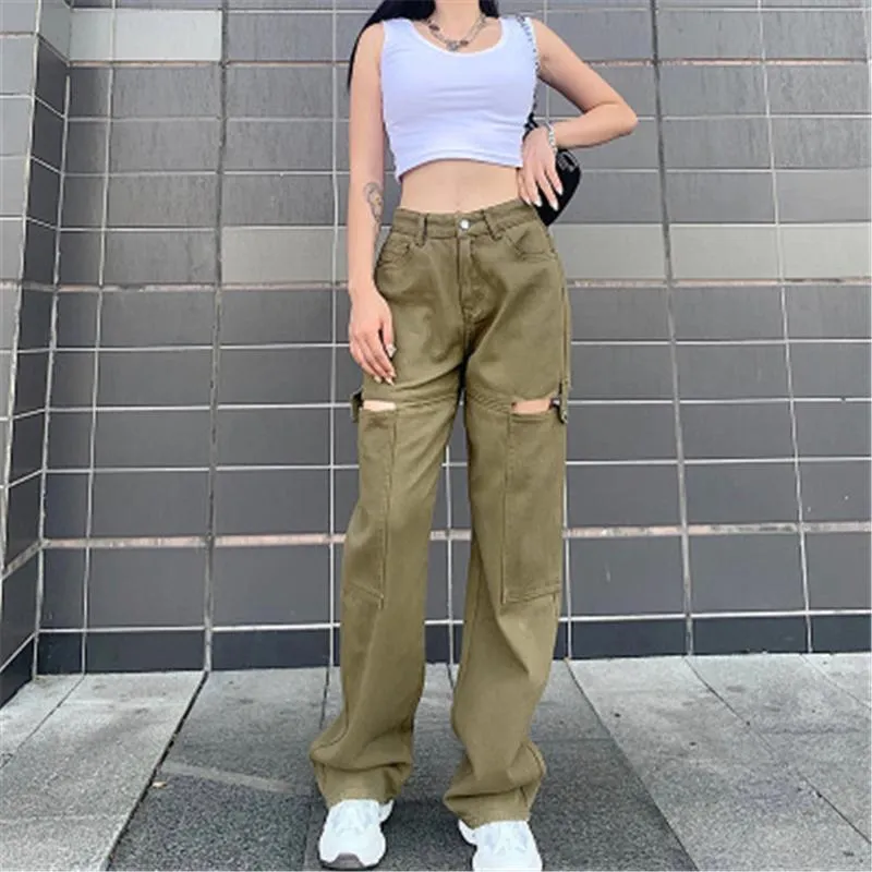 Dames Hoge Taille Hollow Jeans Mode Koreaanse Versie Trend Zipper Pocket All-Match Straight Pants Designer Herfst Vrouwelijke Casual Losse Jeans